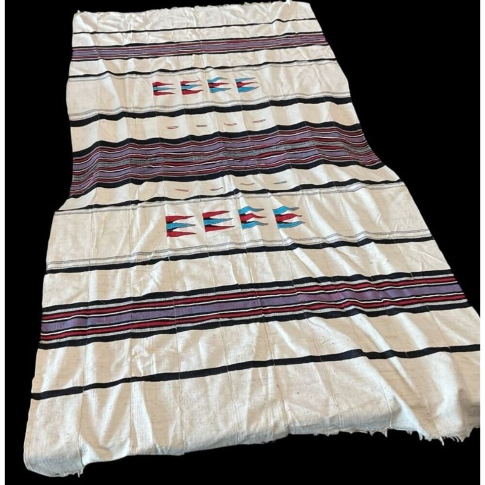 Vintage African Fulani Wedding Blanket 114” x 56” Stiped Black Red Purple Cream